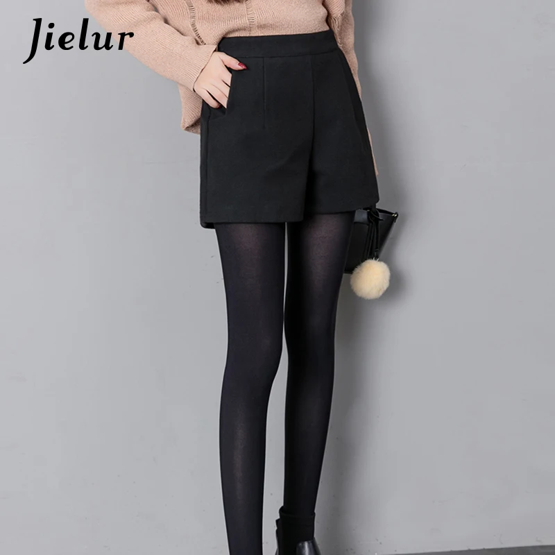 Jielur Autumn Korean Fashion Black Shorts for Women Winter Classic Basic Casual Wide Leg Short Femme Loose Zipper Woolen Shorts