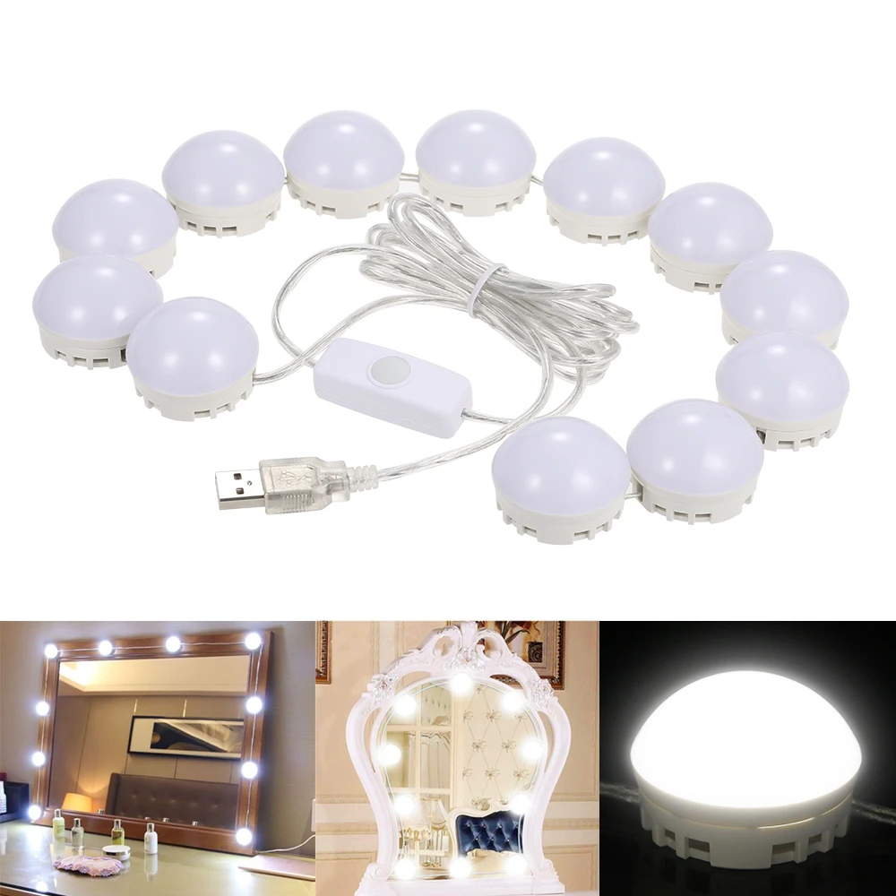 

12 /10 LEDs Makeup Mirror Vanity Mirror Light Bulbs Kit Adjustable Brightness USB Charging Port DIY Comestic Lamp with Dimmer