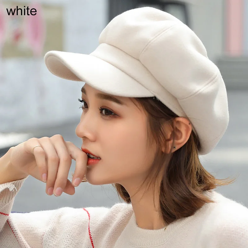 

Retro Elegant Winter Female Beret Duckbill Cap Solid Color Woolen Octagonal Hat Autumn Winter Warm Painter Hat Women Beret Hats