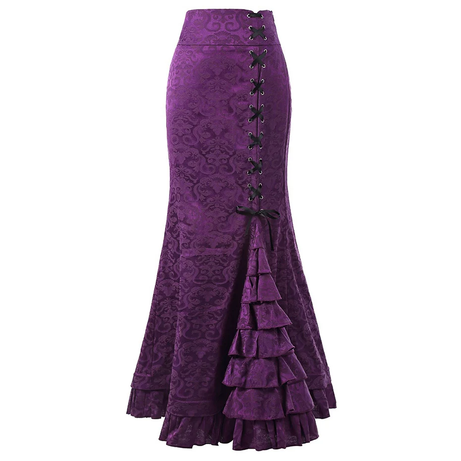 

Women Gothic Mermaid Skirts Ruffle Lace Up Purple Black Red Gray Skirts Bodycon Maxi Long Retro Goth Middle Ages Vintage Skirts