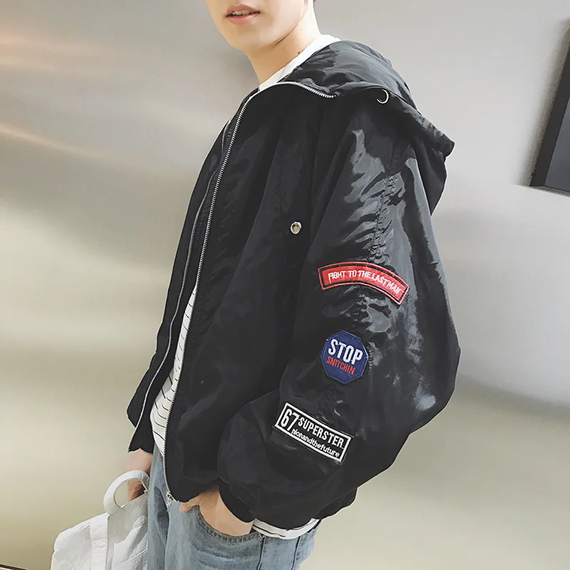 

2017 Autumn Korean Military Bomber Jacket Men Pilot Casual Personality Badge Embroidery Hooded Loose Couple Oversize Coat Men