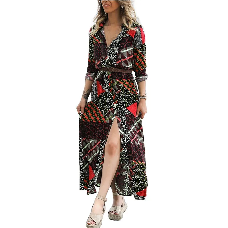 

DeRuiLaDy 2018 Women Autumn Long Sleeve Print Maxi Shirt Dress Fashion Turn-down Collar Single Breasted Split Hem Long Dresse