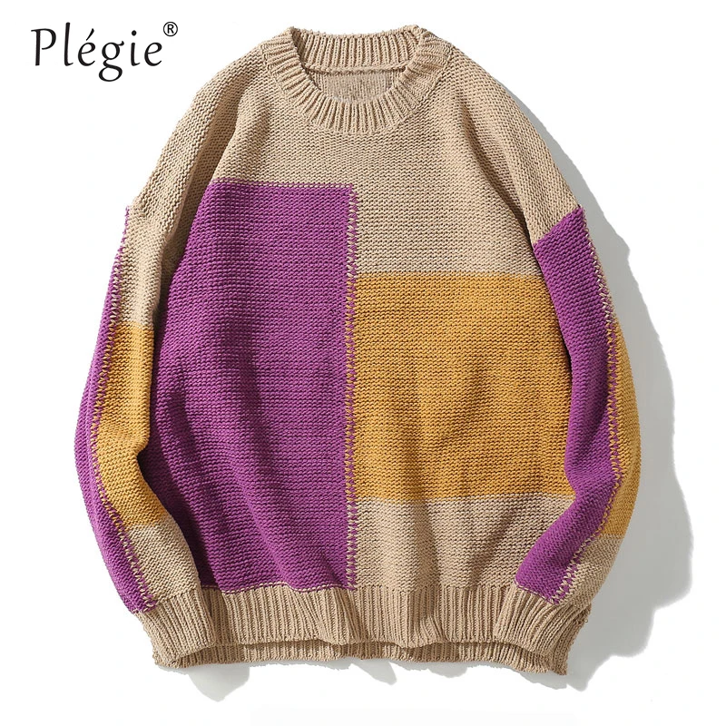 Plegie Vintage Color Block Patchwork Sweaters 2018 Men Hip Hop Loose