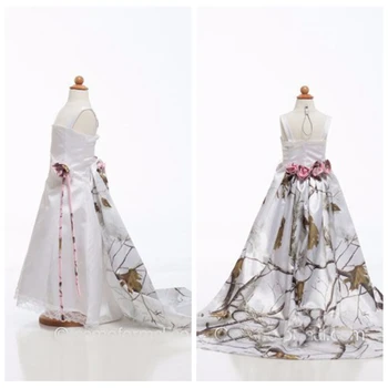 

2017 Top Sale New Fashion White Camo Flower Girl Dresses With Detachable Train Flowers Adorned Kids Formal Dress White Real Tree