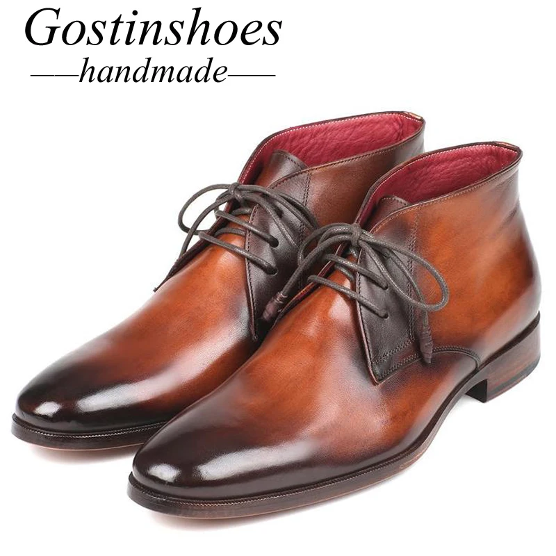 

GOSTINSHOES HANDMADE Goodyear Welted Handmade Brown Mens Boots Leather Half Rubber Outsole Lace-Up Pointed Toe SCT39