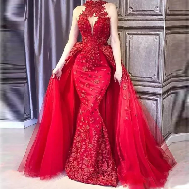 Glamorous Red Detachable Train Evening Dresses High Neck Appliques Beaded Red Carpet Dress Saudi Arabic DuBai Celebrity Prom Gown259