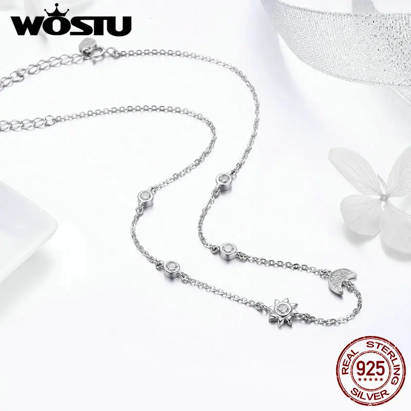 WOSTU, настоящее 925 пробы, серебро, сверкающая Луна и звезда, изысканный кулон, колье, ожерелье для женщин, ювелирное изделие, подарок BKN272