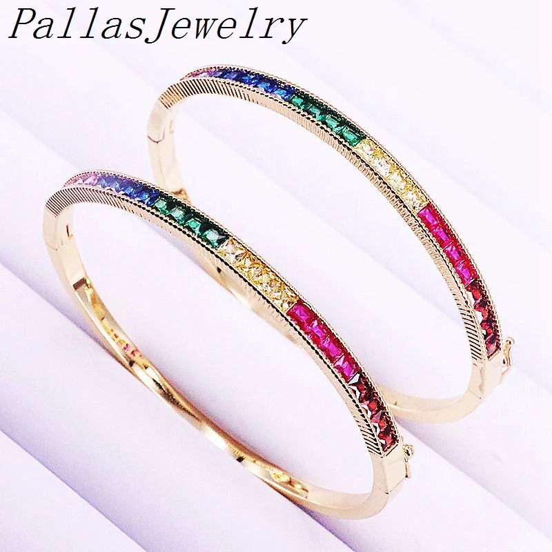 

5Pcs Trendy Charm Colorful Baguette Cubic Zirconia Cuff Bangle, Gold Color Micro Pave Multi CZ Women Bangles