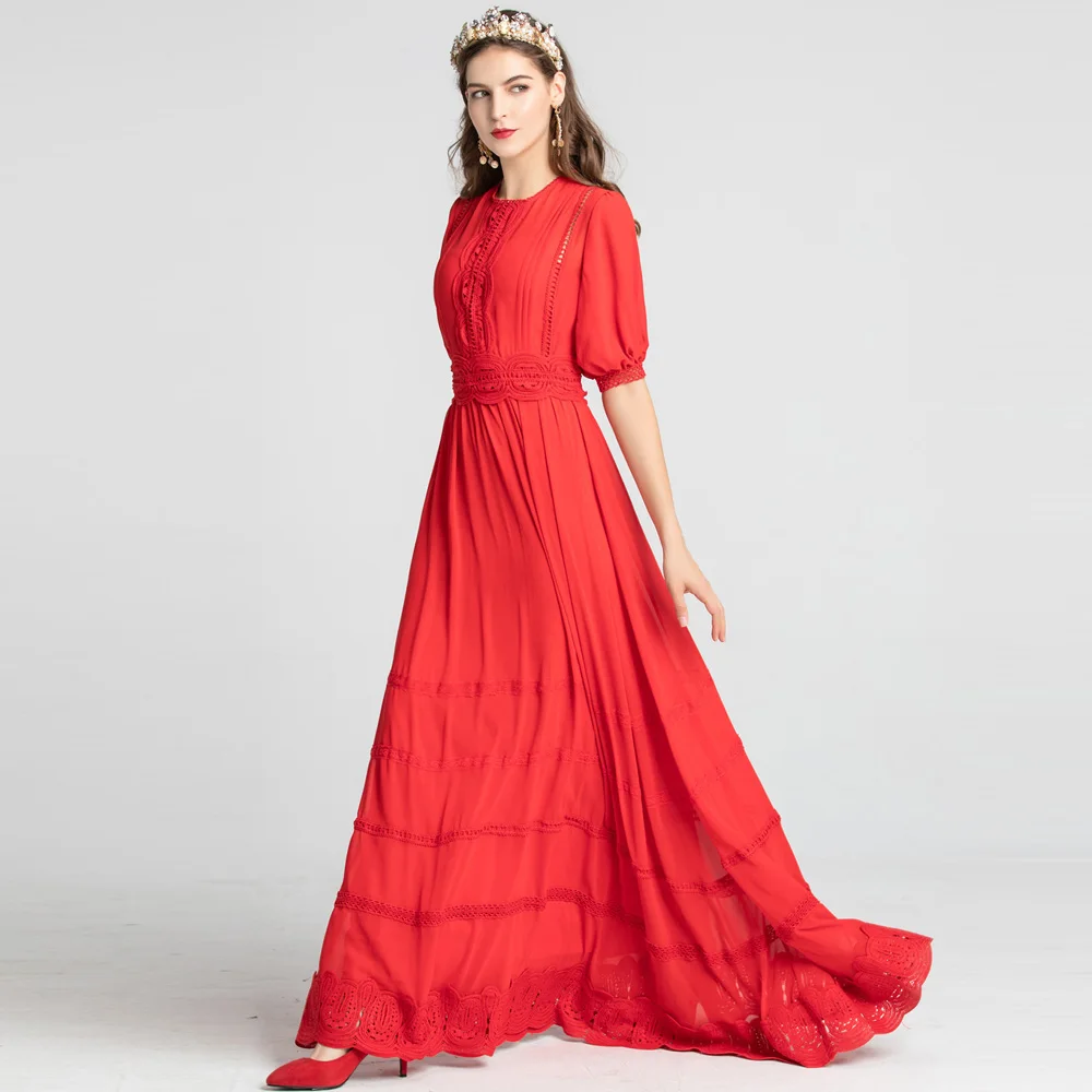 Red RoosaRosee Runway Designer Women Short Sleeve Hollow Out Long Maxi Dress Elegant Fashion Party Dresses Vestidos Robe Femme