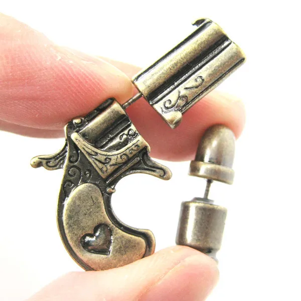 

yiustar 10pcs/lot 2015 Silver and Black Fake Gauge Earrings Gun Pistol and Bullet Faux Plug Women Retro Stud Earrings E091