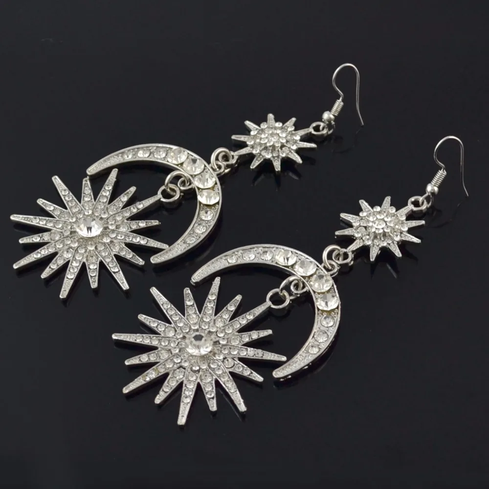 

Boho Vintage Big Long Sun Moon Statement Earrings Punk Rhinestone Drop Earring Silver Gold Metal For Women Wedding Sunshine Ears