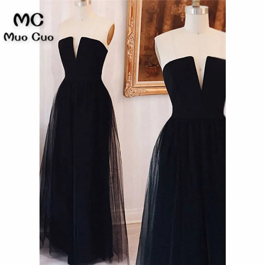 Black tulle long simple A-line strapless evening dress