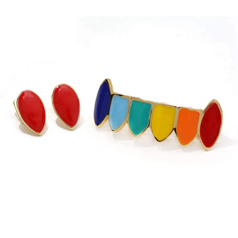 Multicolor Rainbow Teeth Grillz Caps Top& Bottom Hip Hop colorful teeth grillz vampire Rapper Men Fashion Jewelry#SS30