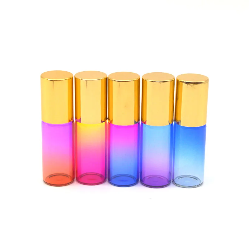 

Empty 5ml Essential Oil Glass Roller Bottle Perfume Sample Test Roll-On Glass Vial Gradient Color with Gold cap 5pcs