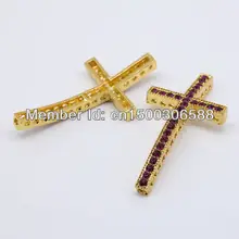 Wholesale 50pcs/Lot Fashion Fuchsia Rhinestone Gold Color Curved Side ways Cross Connectors Beads For Bracelet Jewelry Findings
