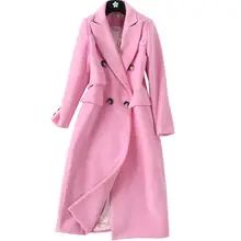 Шерстяное пальто зимнее Новое Розовое длинное пальто женское двубортное кашемировое пальто с отложным воротником высокого качества