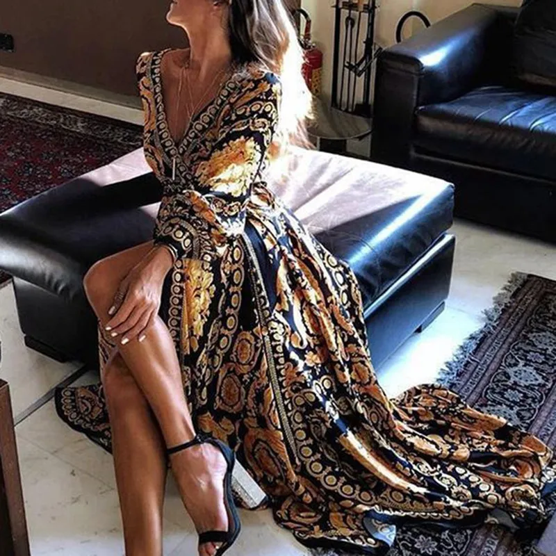 

LASPERAL 2019 High Split Vintage Women Dress Sexy Long Sleeve Print Maxi Dress V-neck Evening Party Formal Dress Fashion Vestido