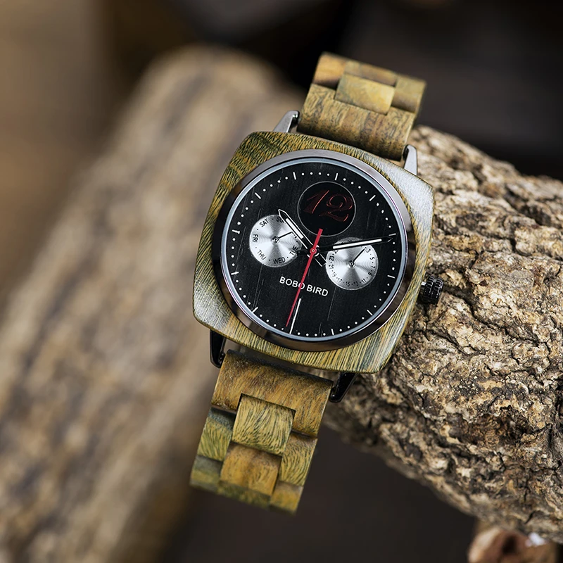BOBO BIRD メンズ クォーツ 木製腕時計 ステンレススチール レッドサンダルウッド 合金木製腕時計 メンズ クラシック機能 クロノグラフ 夜光針 昼夜表示並行輸入 ○メンズ腕時計,機械式腕時計 | 木製腕時計 BOBOBIRD 日本 正規代理店