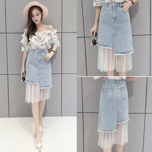 TingYiLi корейские джинсы юбка с фатиновой юбкой Летняя женская джинсовая юбка с завышенной талией Асимметричная юбка миди