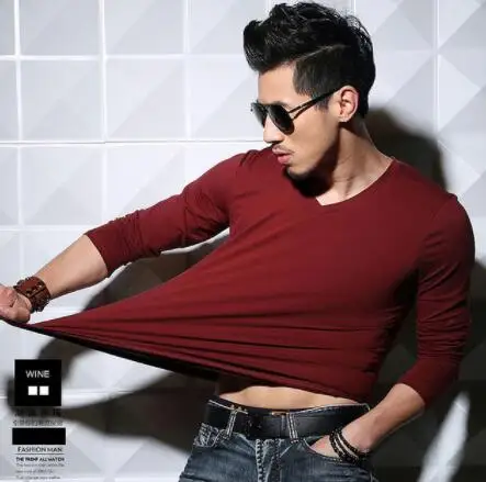 

CPI 2019 Spring New Long Sleeve T shirt Men Solid Color High Quality V Neck Tops Male Slim Fit Causal Brand clothes