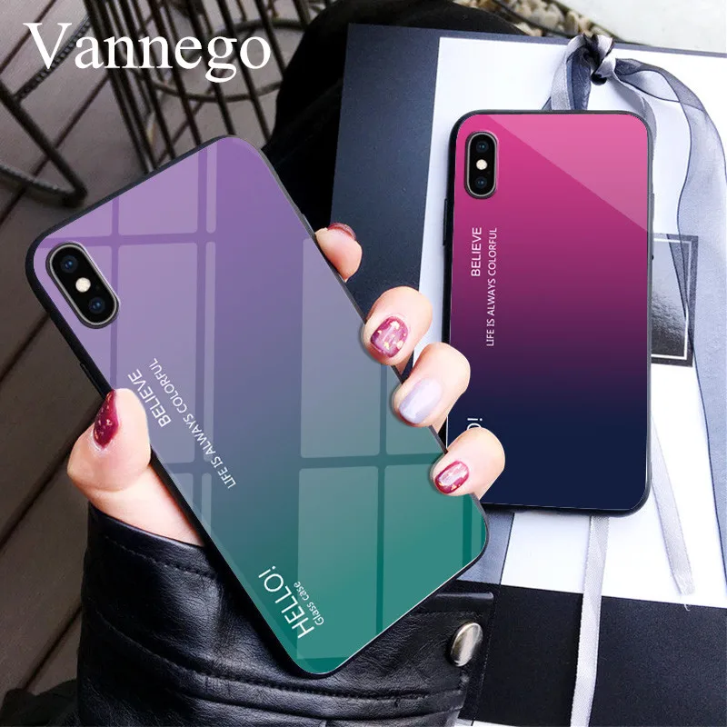 

Gradient Aurora phone case For iPhone X Xs max XR 7 8 6 6S Plus Tempered Glass back case Colorful Gradient rainbow Cover Shell