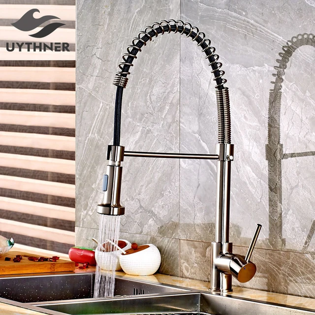 Cheap Uythner Brushed Nickle Spring Kitchen Faucet Mixer Tap Single Handle Single Hole with White & Black Hose Factory Direct Sales Cheap Uythner Brushed Nickle Spring Kitchen Faucet Mixer Tap Single Handle Single Hole with White & Black Hose Factory Direct Sales