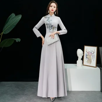 

Gray Satin Embroidery Oriental Style Dresses Chinese Bride Vintage Traditional Wedding Cheongsam Dress Long Mermaid Qipao Size