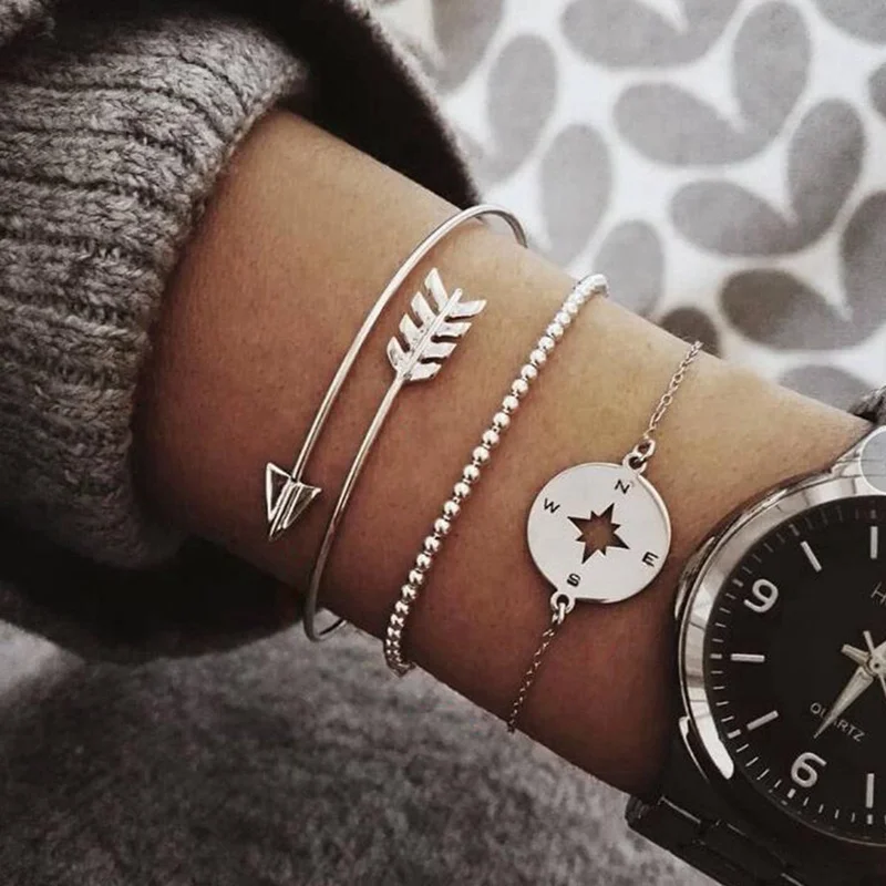 

Free Shipping 3Pcs/set Bohemian Hollow Arrow Compass Beads Chain Silver Multilayer Bracelet Women Exquisite Charm Jewelry Gift