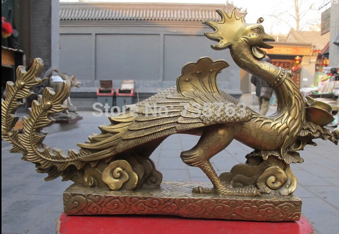

00615 10"Chinese myth fame Pure Brass flower phoenix phenix Bird Statue