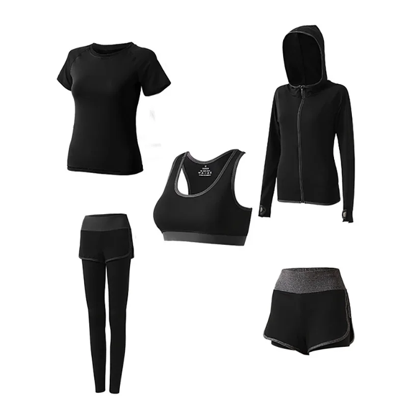 Комплект из 5 предметов,, одежда для тренировок, быстросохнущая, впитывающая пот, дышащая, высокая талия, спортивная одежда для йоги, костюм для женщин - Цвет: High waist dark gray