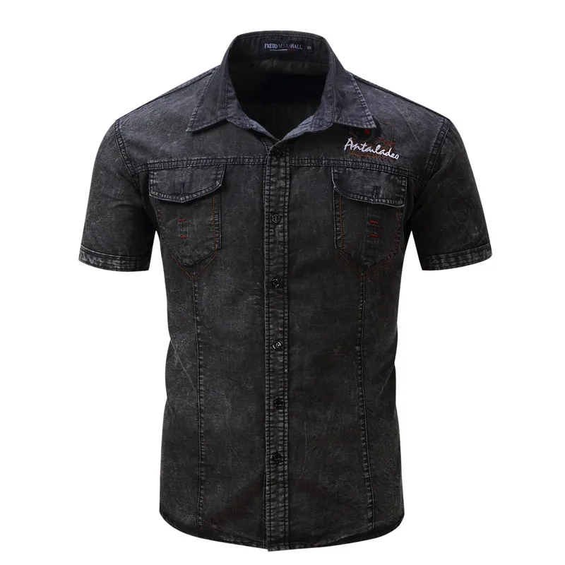 2018 New Summer Men's Denim Shirts Fashion Vintage Casual Men Cotton Short Sleeve Shirt Jeans Tops Camisa Masculina S-XXL (2)