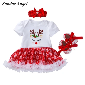 

Sundae Angel Baby Girl Set Clothes Short Sleeve Cartoon Print Headband+Dress+ Shoes 3pcs Infant Christmas Outfit Baby Girl
