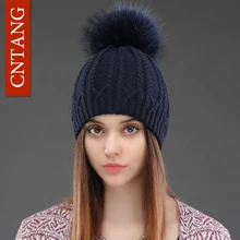 Women Double Deck Knitted Wool Hat Winter Natural Raccoon Fur Warm Caps Female Pom Pom Hats