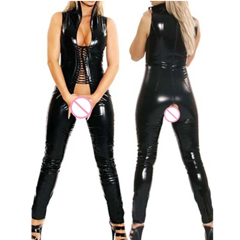 جديد إمرأة مثير ازياء جلد صناعي أسود Catsuit اللاتكس Clubwear مفتوحة المنشعب ارتداءها الجنس الوثن عبودية تسخير ازياء M7186