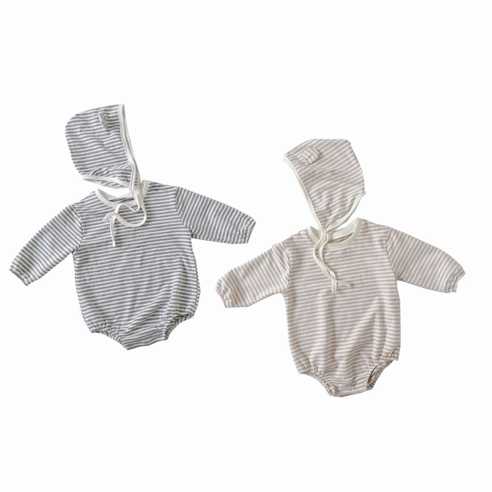 

Newborn Baby Girls Gray Striped Romper Toddler One Piece Jumpsuit Long Sleeve Striped Body Suit Hat Outfits Sets Overalls 0-18 M