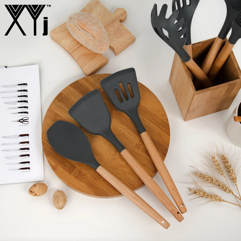 

XYj Silicone Kitchen Utensils Set Spatula Heat-resistant Soup Spoon Natural Acacia Hard Wood Non-stick Special Cooking Utensils
