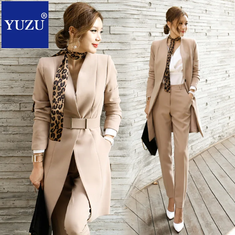 Pant Suits For Women Blazer Set Autumn Lady Business Office Work Korean Style Uniform V-neck Long Jacket Elegant Pants Suits
