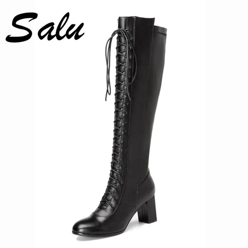 

Salu 2019 new fashion autumn winter Genuine leather chunky heels knee high boots plush boots women's shoes lace-up high heels