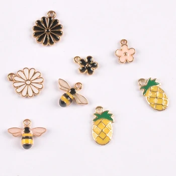 

10pcs Fashion Colorful Drop Oil Enamel Charms Flower bees and pineapples Pendant for Jewelry Bracelet Necklace Making YKL0633