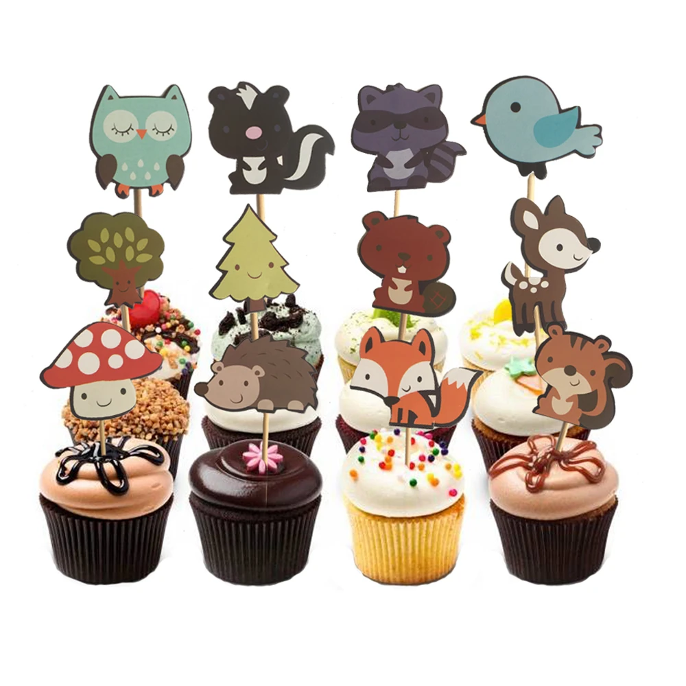 

24pcs Woodland Creatures Cake Toppers Jungle Forest Animal Cupcake Toppers for Kid's Birthday Party Decorations Dessert supplies