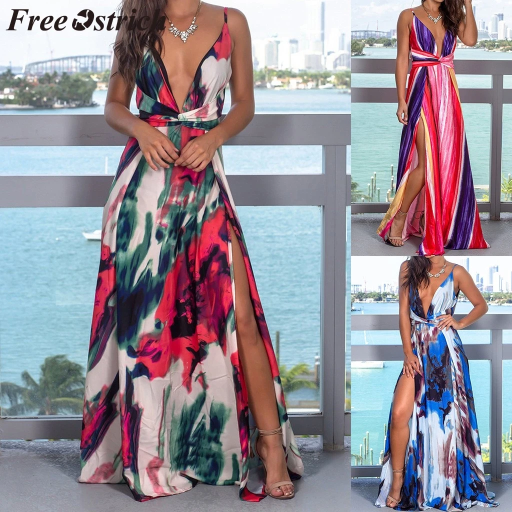 

FREE OSTRICH Dress Women V-neck Leak Back Slit Print Beach Sleeveless Knee-Length Current Elegant Graceful Long Dress Summer
