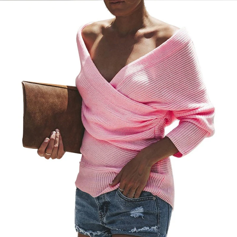 

Adisputent Sexy V-Neck Cross Solid Sweater Women Long Sleeve Off Shoulder Knitted Tops Autumn Winter Pullover Backless Sweater