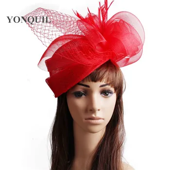 

High quality beige black crinoline fascinator headwear bridal veils feather event hair accessories millinery red cocktail hats