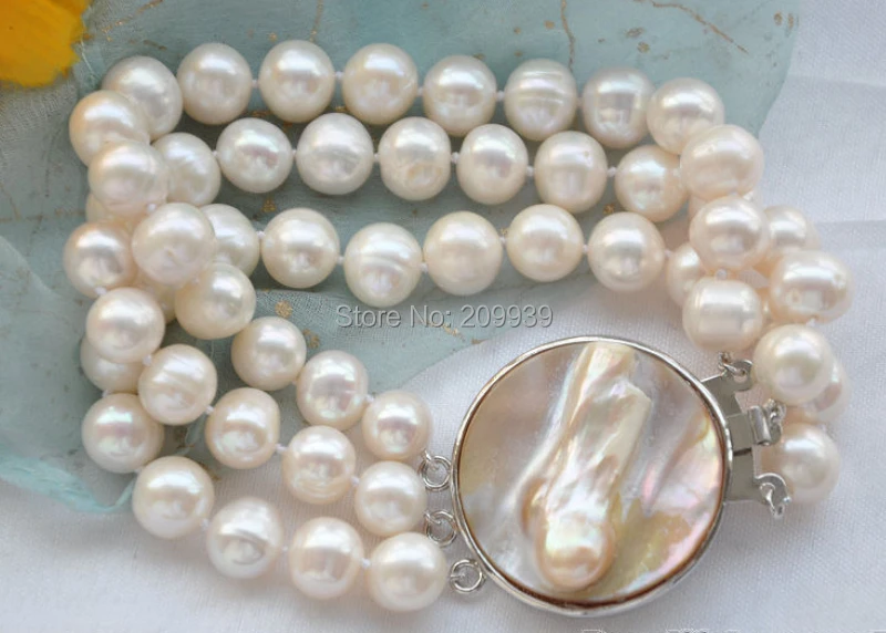 

huij 00802 3row 8" 10mm WHITE ROUND FRESHWATER PEARL BRACELET
