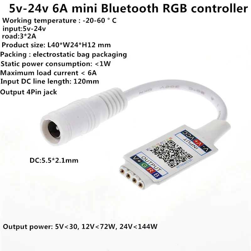 

3 ways Bluetooth RGB LED Light Controller DC 5-24v 6A Mini Music Bluetooth Controller Light Strip Controller DC 5.5*2.1mm