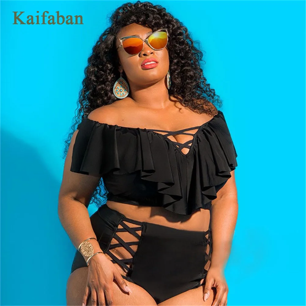 

5XL Women Off Shoulder Flounces Plus Size Push Up Bikini Swimsuit Swimwear High Waist Cross Strap Hollow Biquini Plavky Tankini