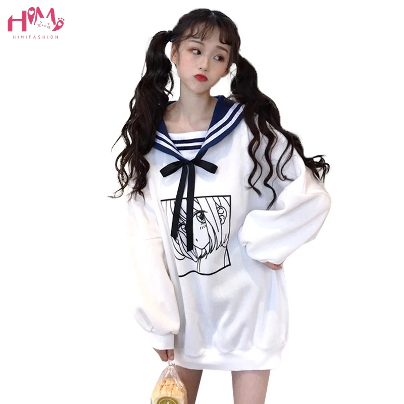 

Womens Winter Warm Hoodies Harajuku Cartoon Anime Printed Hoodies Kawaii Pullovers Japanese Style Sailor Collar Long Sweatshirts