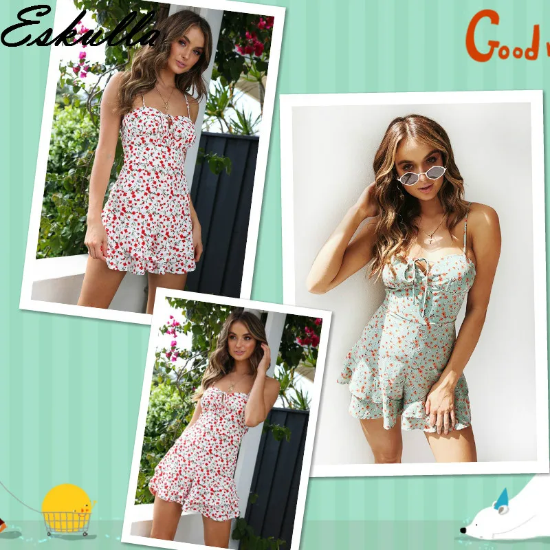 

Eskulla 2019 Bohemian floral print spaghetti strap lace up women jumpsuits romper ruffled female short summer jumpsuits