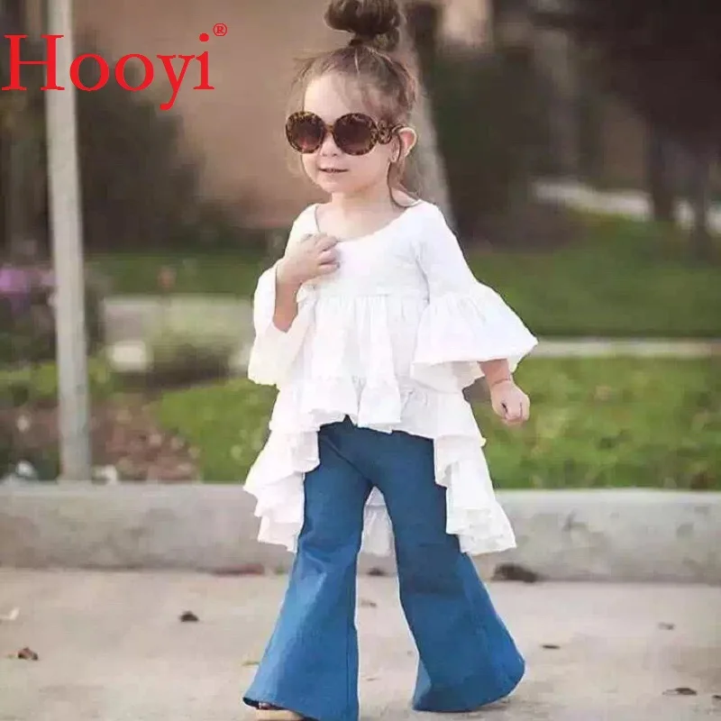 

Hooyi Fashion Baby Girls Clothes Suits White Dress Top + Jean 2-Pieces Set Kids Princess Jumpers Jeans Pant Outfits Top Quality