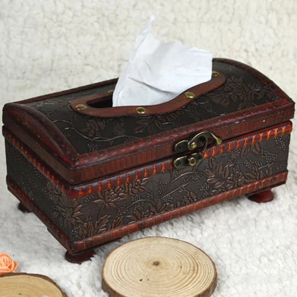 1Pc 21*12*11CM Elegant Crafted Wooden Antique Handmade Old Tissue Box